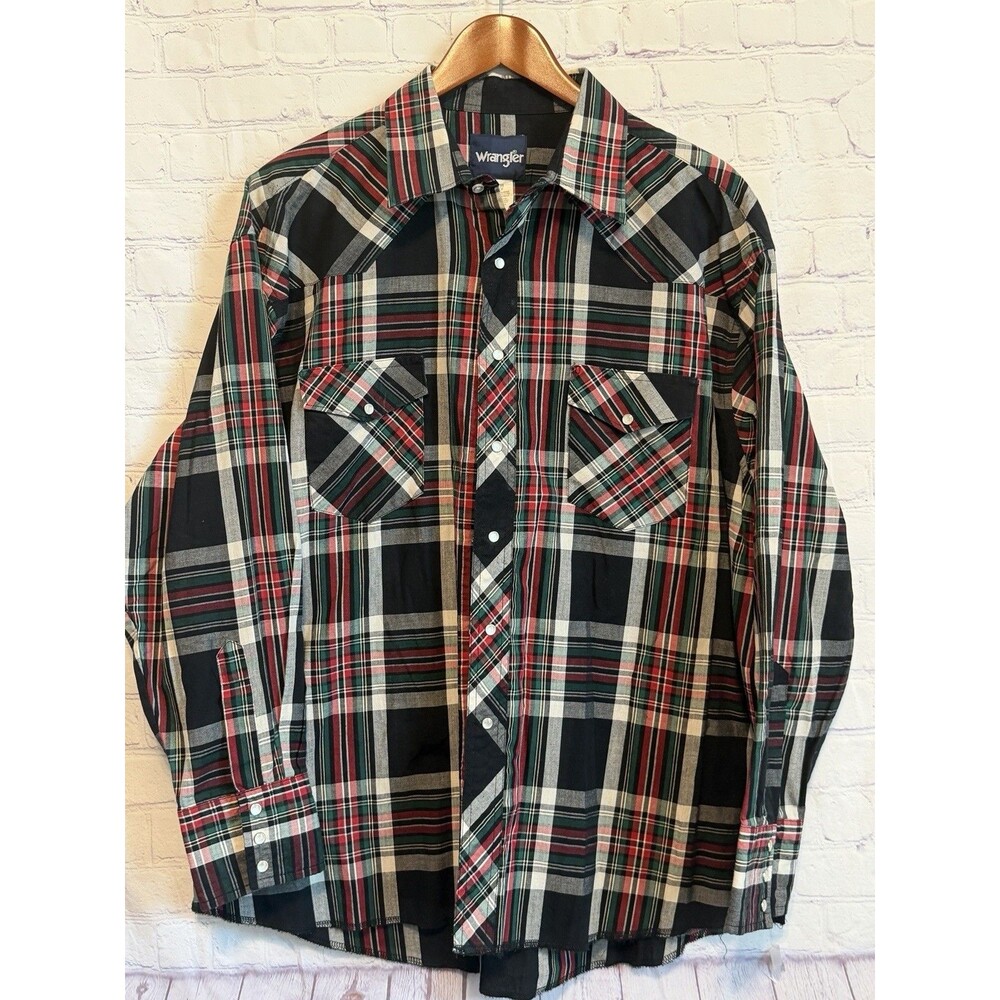 Wrangler Western Shirt Mens 17.5 x 35 Pearl Snap Plaid Black Red Green XL